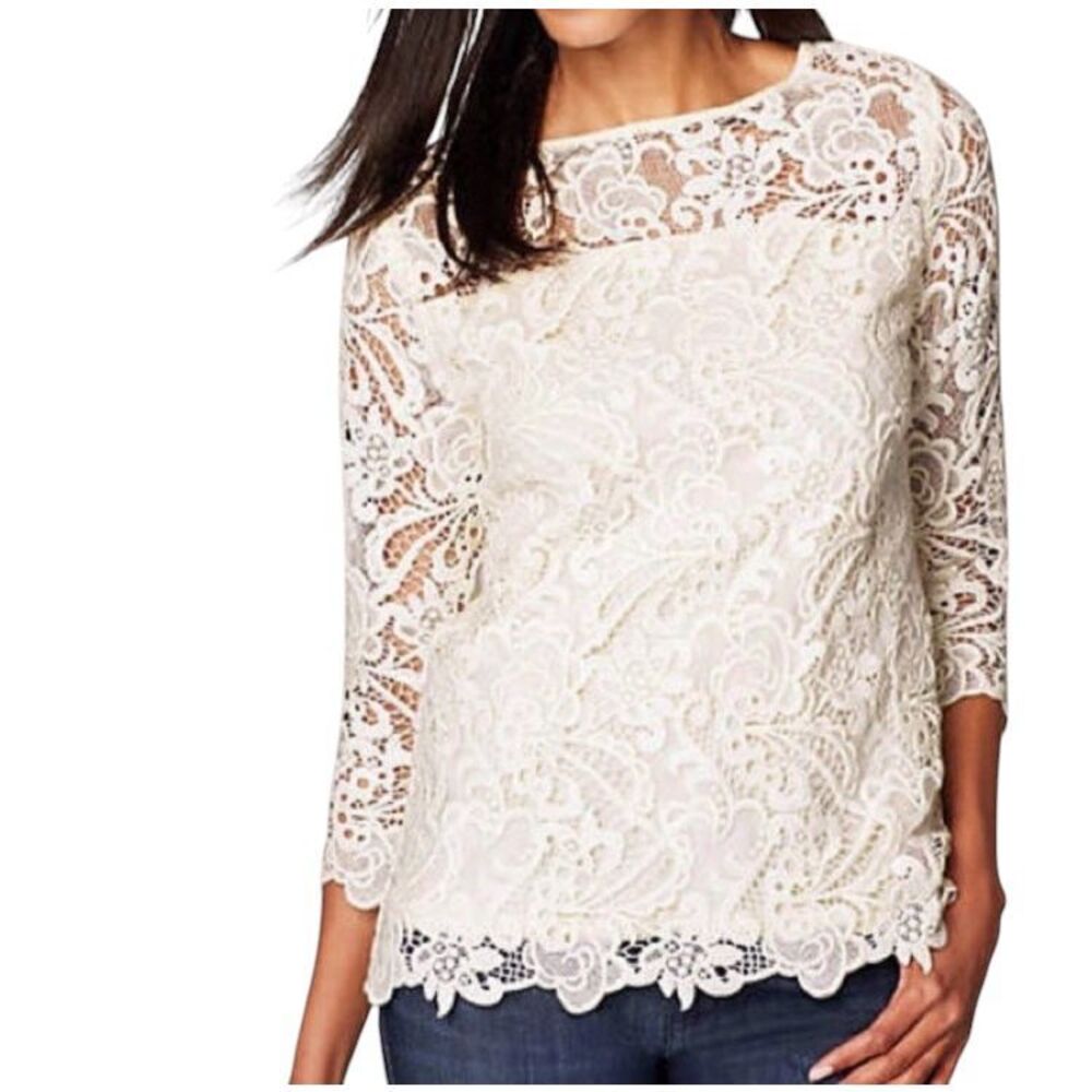 J. Jill White Bohemian Crochet Lace Overlay 3/4 Sleeve Top Sz M